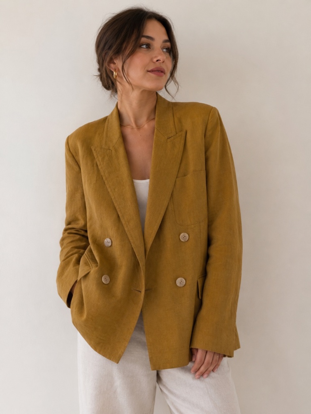 Ellen Tracey 100% Linen blazer/jacket mustard/brown 12 double breasted office